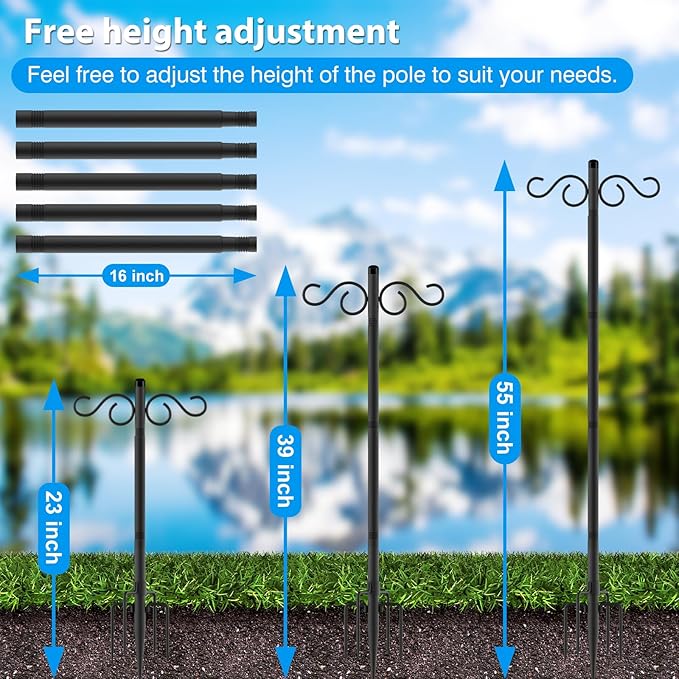 Adjustable Shepherd Hooks for Outdoor,1 Pack 55 Inch 5 Prong Base Bird Two Sided Feeder Poles,Heavy Duty Shepherds Hook,Suitable for Garden in Hanging Flower Basket,Lantern,Bird Nests(1 Pack 55 inch)