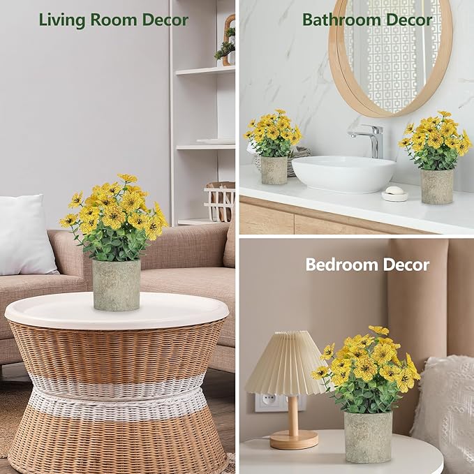 2 Pack Small Fake Plants Potted Artificial Plants Artificial Flowers Potted Faux Flower Daisy with Eucalyptus Leaves for Home Decor Office Room Farmhouse Indoor Table Bathroom Decor（Yellow）