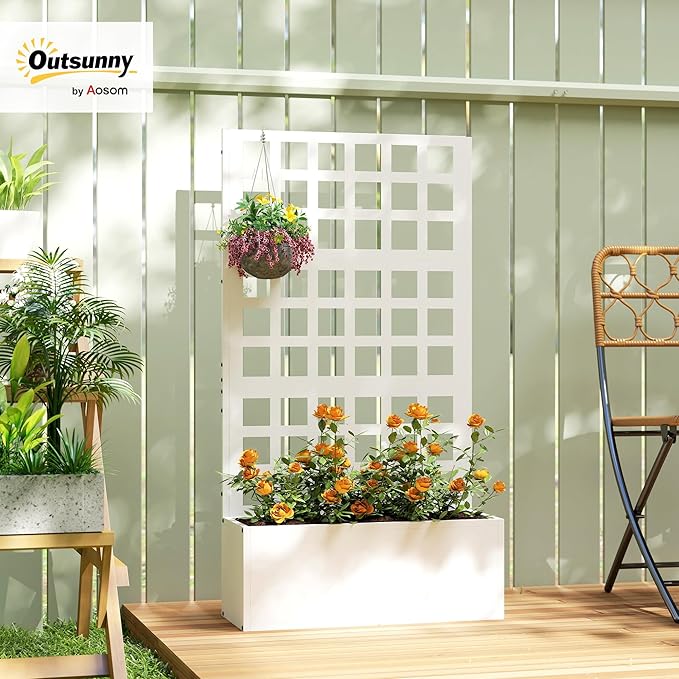 Outsunny Galvanized Raised Garden Bed with Trellis, Metal Planter Box with Drainage Holes, Outdoor Privacy Screen for Climbing Plants, Vegetable, Vines, 24" x 9" x 44.5", White
