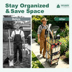 Garden Tool Organizer with Wheels Heavy Duty Yard Tool Organizer Rack with Side Storage Pockets Sturdy Metal Steel Holder with 6 Hooks for Garage, Yard, Patio, Shed