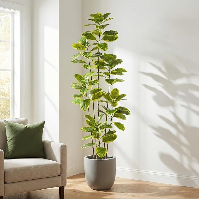 Ficus Tree Artificial Plants Indoor, 7FT Tall Fake Trees in White Pot, Large Potted Silk Floor Plant Artificial Trees, Green Lifelike Faux Ficus Tree for Home Room Office Porch Decor-Yellow