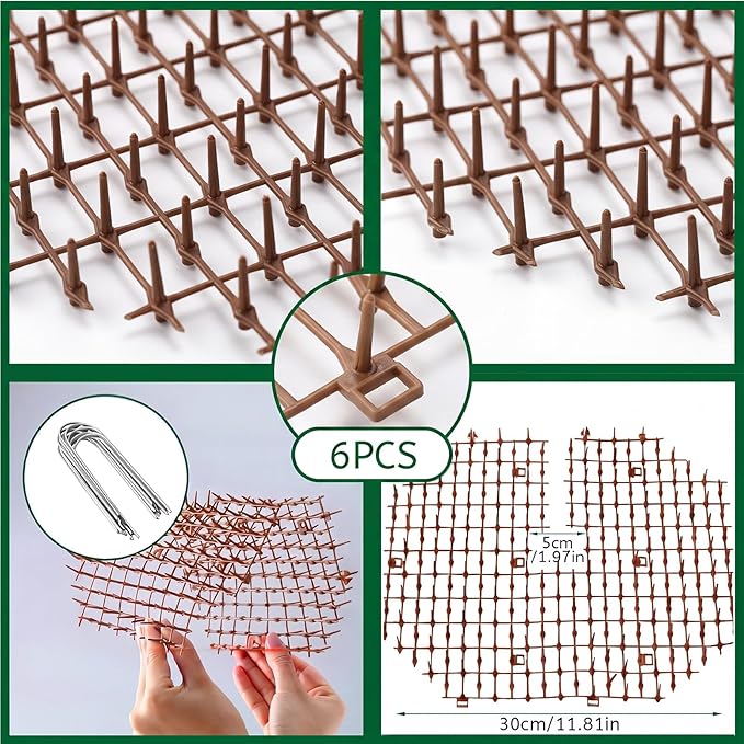 Sadnyy 6 Pcs 11.8 Inch Plant Pot Grids Brown Indoor Plant Protector from Cats Animals Soil Covers Scat Deterrent Mat with Spikes for Outdoor Garden Pot Protection