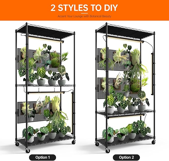 Bstrip Plant Cabinet with Pegboard, 3 Tier Plant Shelf with Grow Light, Metal Plant Stand with 4 Pack 96W Grow Lights for Indoor Plant, Foliage Plants, Seed Starting, 29.5"x13.8"x59"
