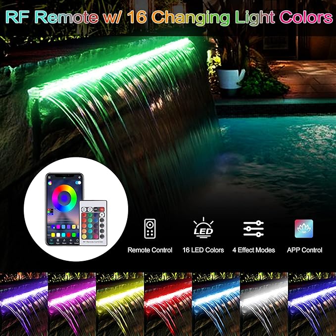 36'' APP Control Pool Waterfall with RGB LED Lights, Stainless Steel Pond Fountain Set for Outdoor Decorations, Patio Waterfall Spillway Kit w/16 Color Changing, Easy Install