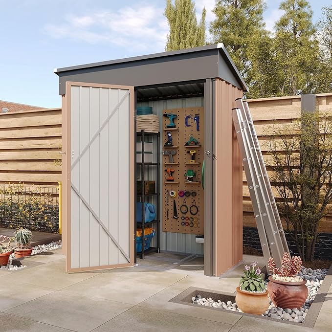 Aoxun 5' x3 ' Outdoor Metal Storage Shed with Galvanized Steel Base, Heavy-Duty Garden Tool Shed for Patio, Lawn, and Garden, Brown