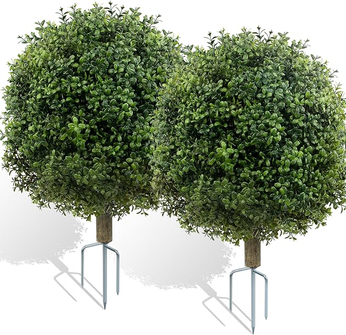 2 Pack Artificial Boxwood Topiary Ball Trees for Outdoors, 27" Faux Boxwood Topiary Bush with Metal Ground Spike UV Resistant Realistic Evergreen for Front Porch, Garden, Yard & Balcony Decor