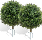 2 Pack Artificial Boxwood Topiary Ball Trees for Outdoors, 27" Faux Boxwood Topiary Bush with Metal Ground Spike UV Resistant Realistic Evergreen for Front Porch, Garden, Yard & Balcony Decor