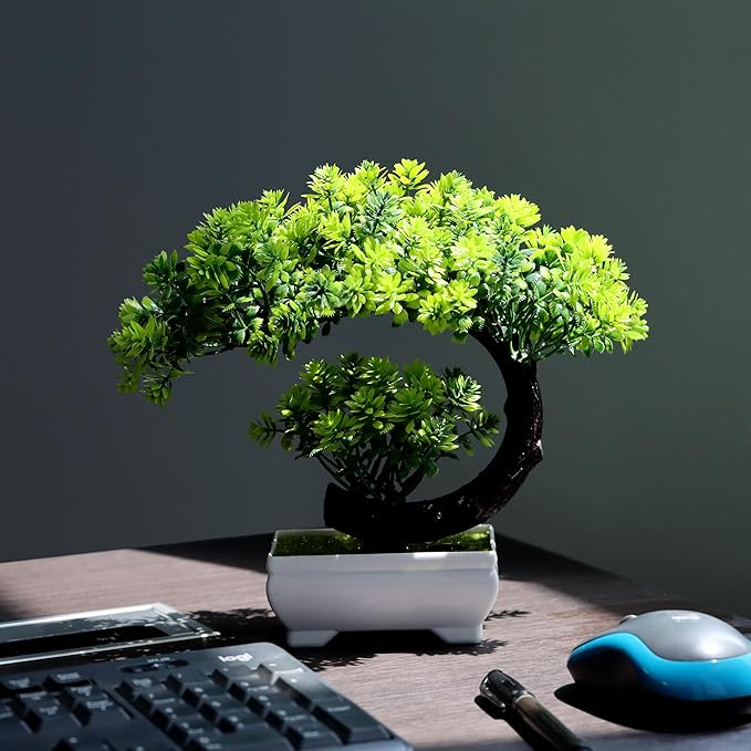 Fake Plants Small Artificial Bonsai Tree for Home Decor Living Room Bathroom Bookshelf Entryway Table Wall Shelf Modern Farmhouse Decor, 8.5" Tall, Green