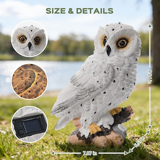 Solar Owl Garden Outdoor Statue,Owl Figurine Sculpture with LED Lights for Porch Patio Lawn Yard Deck Spring Decor - Mother's Day Housewarming Gift for Women Men Owl Lover(White)