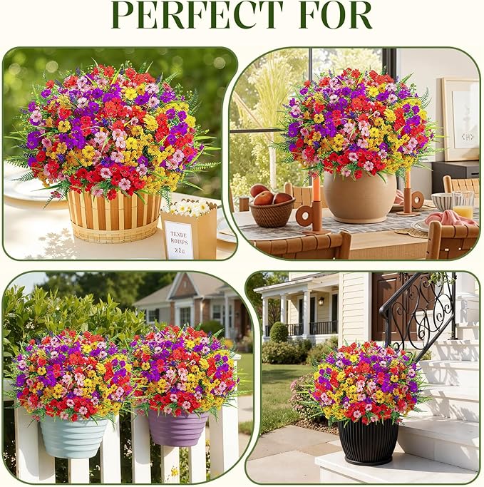 Alupssuc 24 Bundles Artificial Flowers for Outdoors Spring Decoration, UV Resistant Eucalyptus Violet and Lavender Silk Fake Plants for Outside Indoor Yard Home Patio Decor, Red Purple Yellow Pink