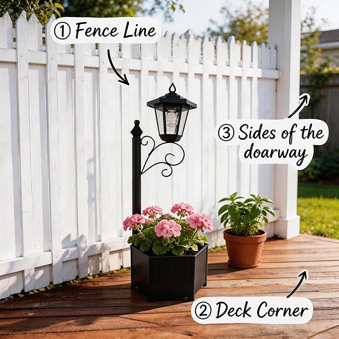 Solar Floor Lamps with Planter (2-in-1 Design), 29.5" Outdoor Solar Lamp Post - IP44 Waterproof, Warm Yellow Lights Dusk to Dawn 6-8Hr, Easy Install for Lawn, Patio, Porch, Yard & Pathway Decor