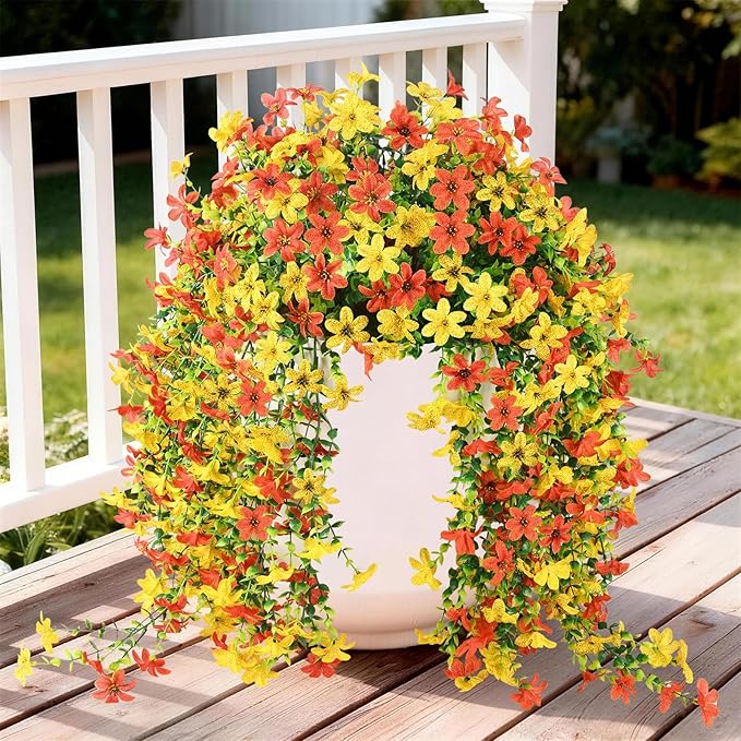 Artificial Fake Hanging Flowers Plants for Outdoor Spring Decoration,2 PCS Faux Silk Daisy with Eucalyptus Leaves,UV Resistant Look Real for Outside Home Indoor Planter Porch Patio Balcony Yard Decor