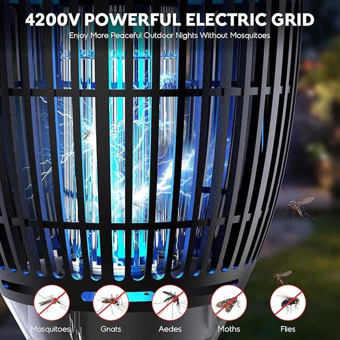 Solar Bug Zapper Outdoor, 4200V 3-in-1 Mosquito Zapper with Flame Light & RGB Projector, Solar Powered & USB Rechargeable, Smart Auto Mode, IP65 Waterproof Mosquito Killer for Yard Garden 2000 Sq Ft