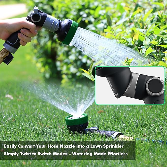 RESTMO Multi-Angle Garden Hose Nozzle with Sprinkler Function, Heavy Duty Water Hose Nozzle with 4 Spray Patterns, Magic Twist and Thumb Flow Control for Garden Watering, Car Washing & Yard, Green