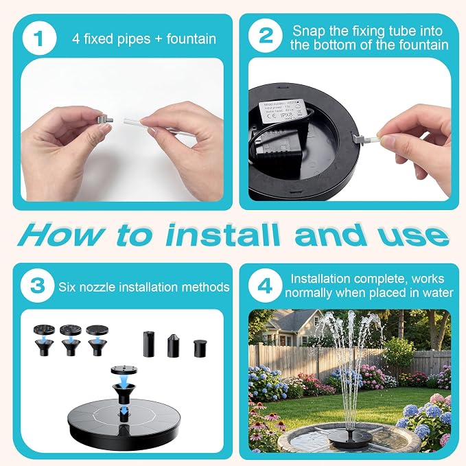 AMZtime Solar Fountain, 2026 Upgraded Solar Water Fountains with 6 Nozzles, Free Standing Floating Solar Powered Water Fountain Pump for Bird Bath, Garden, Pool, Pond and Outdoor