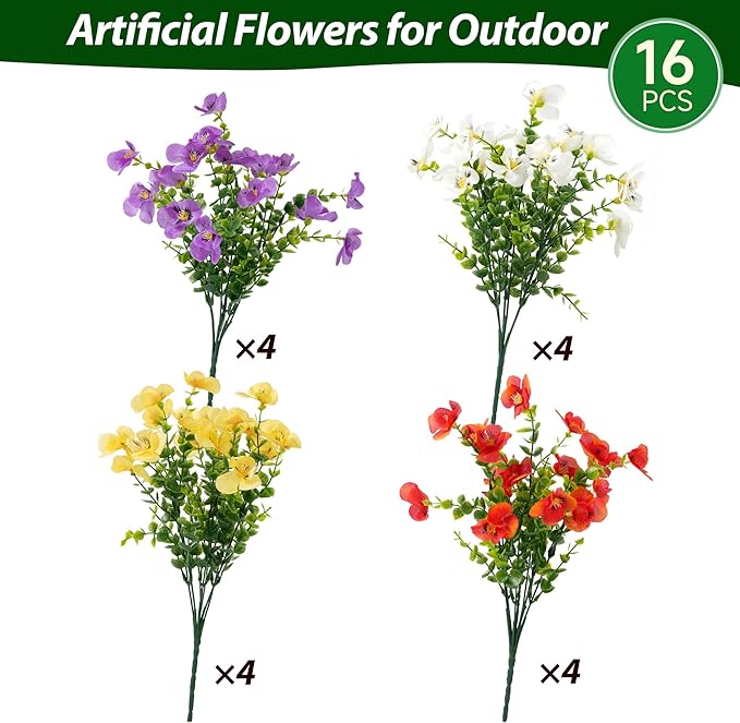 Artificial Flowers for Outdoor, UV Resistant Fake Silk Pansies Flowers, Realistic Faux Plants for Outside Indoor Porch Patio Window Box Planter Home Decor (16, Yellow Purple White Red)