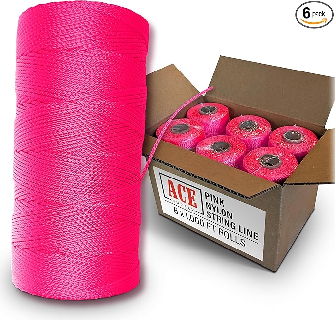 Pink Mason Line String Line - #18 Braided Nylon String - 6,000 Ft Length - Nylon Twine for Gardening Or Masonry Tools - Perfect Construction String for A String Level, Twine String for Gardening