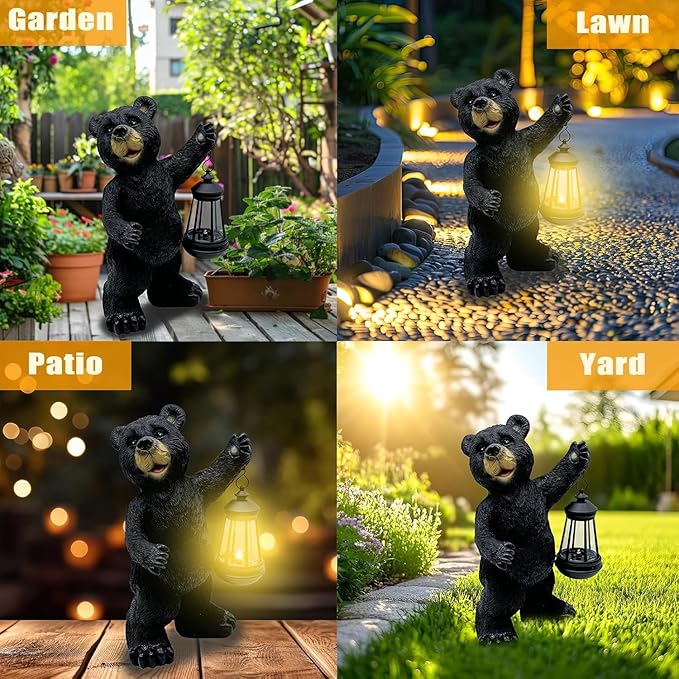 Solar Black Bear Garden Statue - 14" Resin Figurine with Solar LED Lantern, Auto On/Off Waterproof Decor, Dual Use Indoor Outdoor Light for Patio Yard Porch