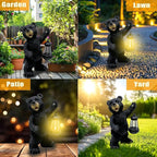 Solar Black Bear Garden Statue - 14" Resin Figurine with Solar LED Lantern, Auto On/Off Waterproof Decor, Dual Use Indoor Outdoor Light for Patio Yard Porch
