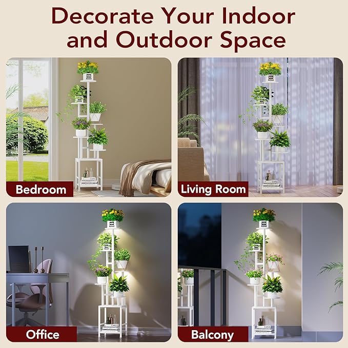 Homsorout Plant Stand Indoor with Grow Light, 6-Tiered Tall Plant Stand Indoor, Metal Plant Shelf with Hanging Basket Hook and Adjustable Light, Ideal for Living Room, Garden, Round Patio white