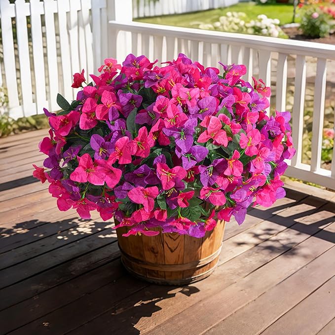 Artificial Bougainvillea Flowers for Outdoors Spring Plants Decor, 4 Bundles Faux Flowers for Outdoor Planters Silk UV Resistant Realistic for Outside for Porch Patio Window Planter Garden Home