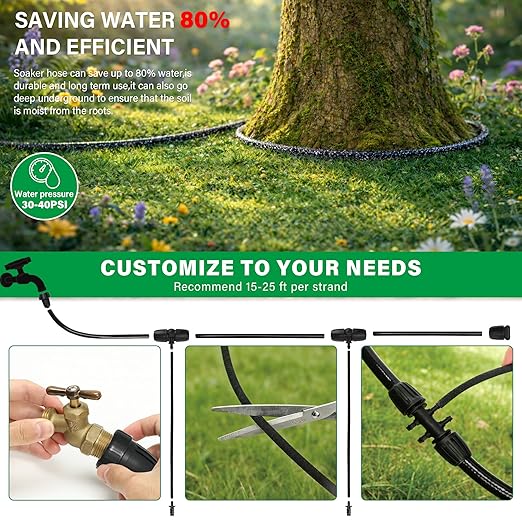 MIXC 80% Water Savings Drip Irrigation System Kit – 100ft 1/4" Soaker Hose & 10ft 1/2" Main Tubing with Connectors, Automatic Watering System for Large Vegetable Garden, Lawn, Raised Bed, Greenhouse