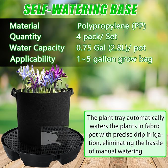 4 Pcs Self-Watering Fabric Pot Base, Auto-Irrigation System Plant Saucer for 5 Gallon Fabric Pots, Auto Watering Plant Water Tray Self Watering System for Indoor Greenhouses Grow Tents Gardens