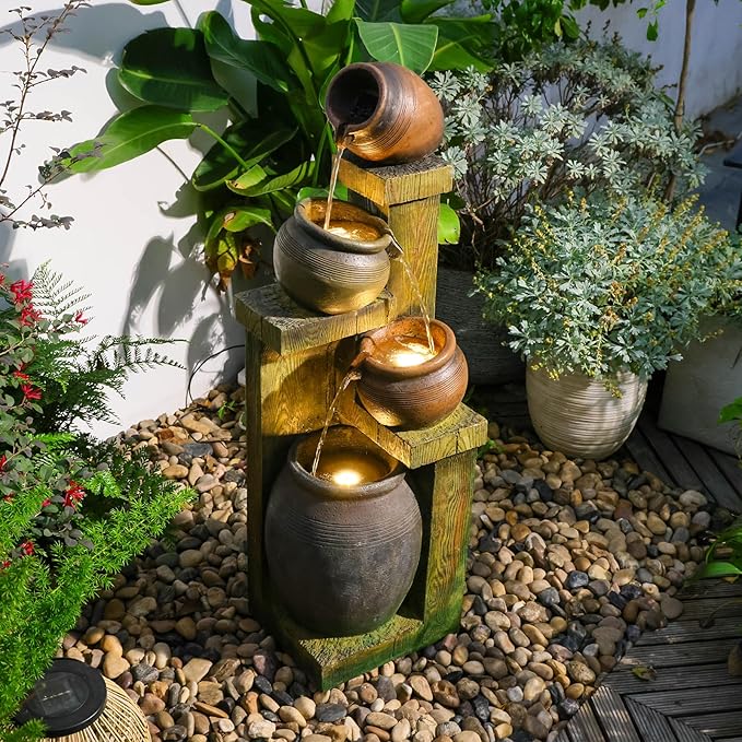 Outdoor Water Fountain with LED Lights, 4-Tier Cascading Waterfall Fountain, Rustic Wood Barrel Resin Outdoor Water Fountain for Garden Patio Backyard Porch Indoor Decor, 36.6" H