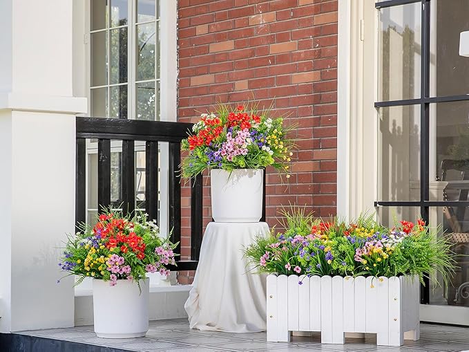 Green Moon 23 Bundles Artificial Plants Outdoor with Colorful Flower, Greenery Shrubs Realistic UV Resistant for Outside Home Planter Porch Patio Yard Decor