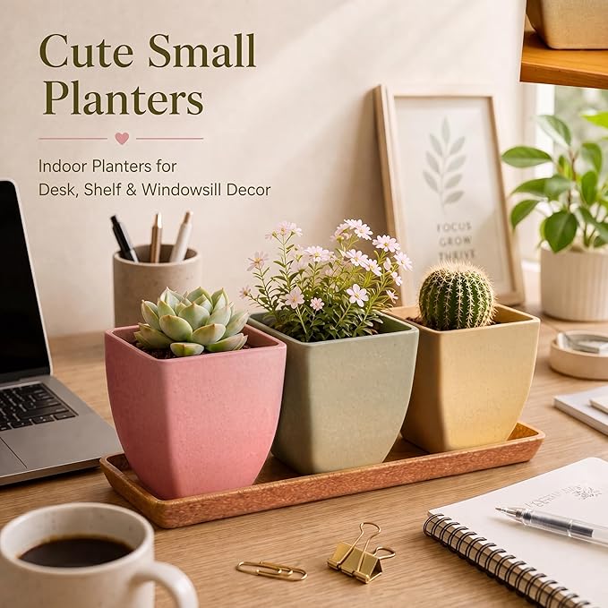 Small pots for Plants, Indoor Square Planter Set, 3.5 inch Modern Succulent Mini Succulent Pots for Windowsill, Shelf & Desk Decor.Pink/Yellow/Green