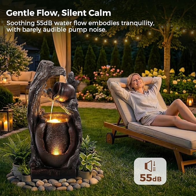 32" H Outdoor Water Fountain, Rustic 2-Tier Clay Pot Water Fountain and Waterfalls with 2 Warm LED Lights, Natural Feature Garden Fountains for Patio, Backyard, Deck, Porch, Home Decor