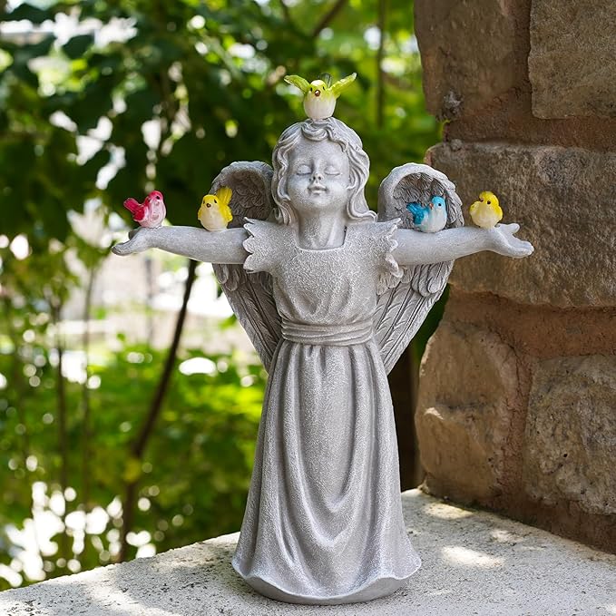 Angel Garden Statue with 5 Birds Solar Lights, Resin Cherub Figurine Outdoor Decor for Garden Porch Yard, Gift for Women, Teacher, Mother, Birthday Housewarming