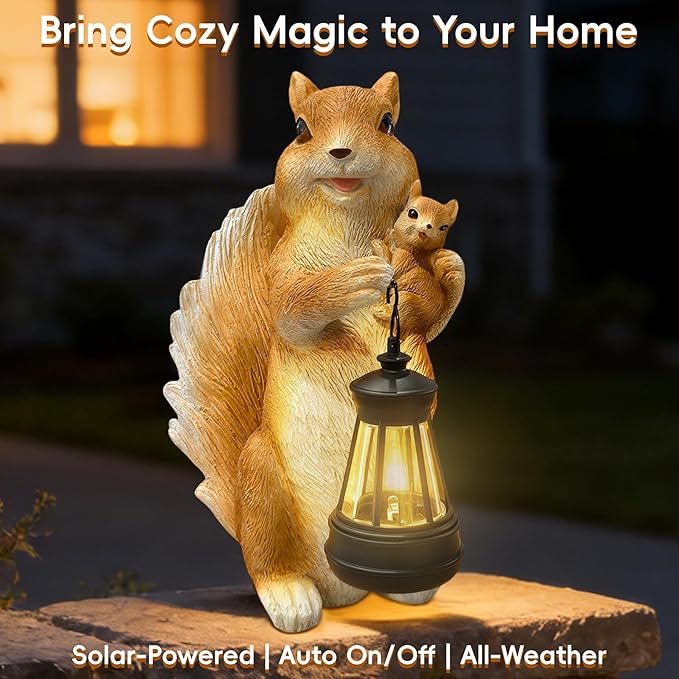 Solar Garden Statues, Cute Smiling Animal Outdoor Decor with 8 Bright LED Lights for Patio Yard Balcony Perfect Mother‘s Day Birthday Housewarming Garden Gift (Orange White Squirrel)