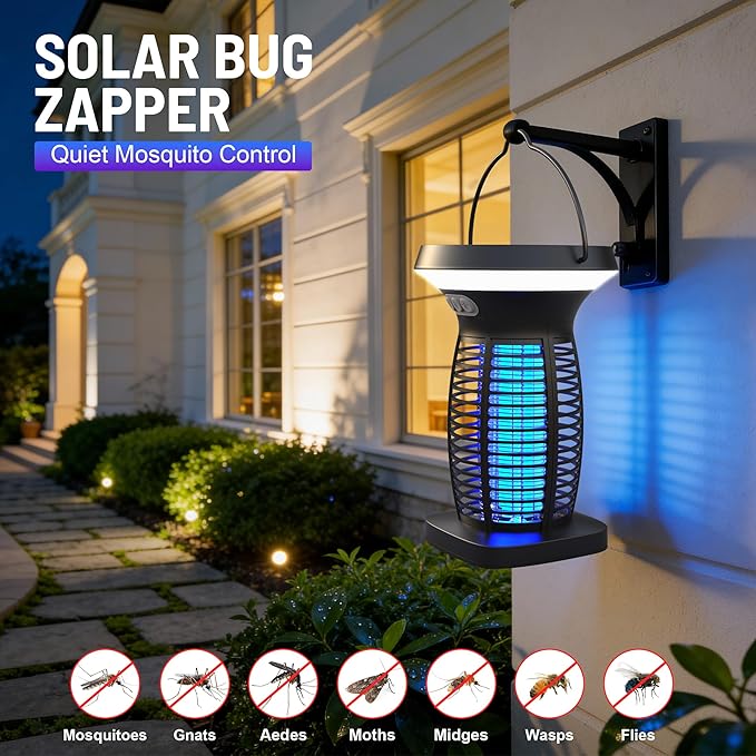 Solar Bug Zapper Outdoor, Rechargeable & Solar Powered, 4200V High Voltage for Effective Mosquito & Multi-Insect, Pet/Child Safe with UV Light, Waterproof for Camping Courtyard Indoor Outdoor