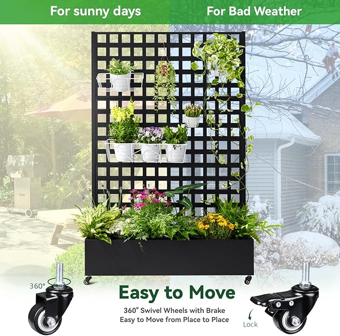 Metal Planter Box with Trellis, 71"x47"x16" Raised Garden Bed Outdoor with Privacy Screen & Lattice Trellis & Lockable Casters, Vertical Garden Box with Drainage Hole for Climbing Plants, Vegetable