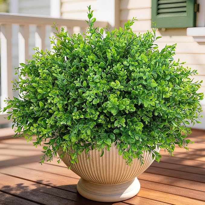 20 Bundles Artificial Plants Fake Greenery for Outdoor Spring Summer Decoration, UV Resistant Realistic Faux Shrubs Stems No Fade Plastic Boxwood for Planter Garden Patio Balcony Porch Backyard Indoor