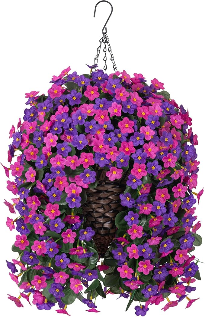 Artificial Flowers Baskets for Outdoor Decoration, Fake Hanging Plants Silk Dark Purple Fuchsia Daisy Mums Trailing Vines in Planter Realistic UV Resistant for Balcony Porch Decor