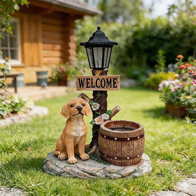 Animal Outdoor Statue Planter Solar Light Welcome Garden Sculpture Resin Flower Pot Decorative Porch Patio Yard Lawn Entryway Figurine with LED Lamp Rustic Plant Holder Ornament Courtyard (B)