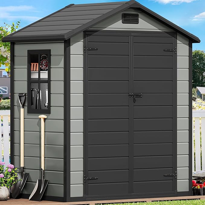 DWVO 6x4 FT Outdoor Storage Shed with Reinforced Floor, Resin Storage Shed with Lockable Door, Window and Vents, Waterproof Plastic Tool Storage for Garden Patio Backyard