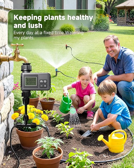 124FT Drip Irrigation System with LCD Timer, Automatic Watering System Kits,1/2 Inch Hose 1/4 Inch Distribution Tubing 3 Sprayer Types, for Garden, Greenhouse, Garden, Lawn