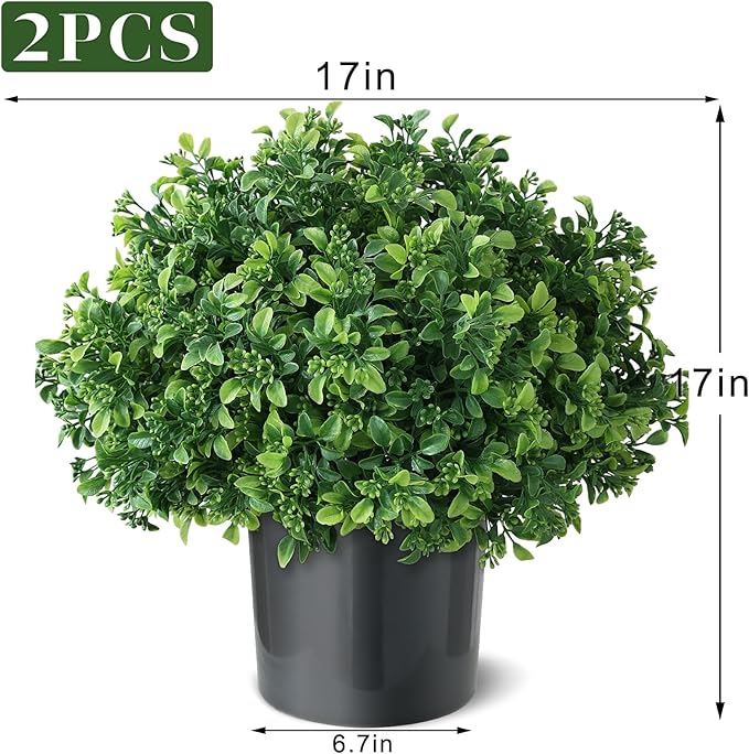 Set of 2 Artificial Boxwood Topiary Ball Trees for Front Door - Realistic Faux Aglaia Odorata Bush with Pot, Fake Eucalyptus Leaves Potted Plants for Porch Farmhouse Outdoor Decor (Green)