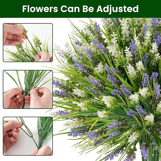 20 Bundles Artificial Plants Outdoor, UV Resistant Fake Flowers, Realistic Faux Lavender Shrubs for Porch Garden Window Box Home Decoration (White LitghtPurple)