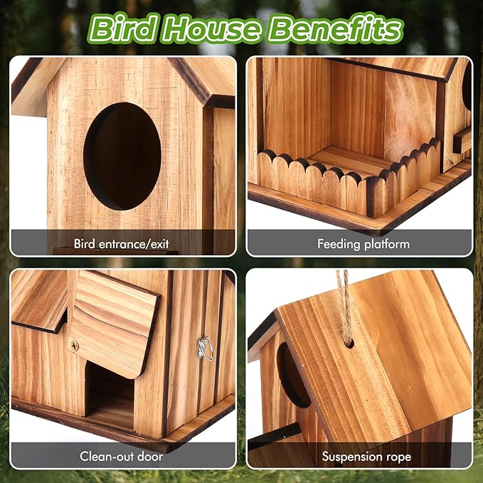Bird Houses for Outside, 3-Hole Large Wooden Birdhouse for Bluebirds Finches Cardinal Hummingbird, Bird House for Outdoors Hanging Bird House Clearance Garden Courtyard Decor