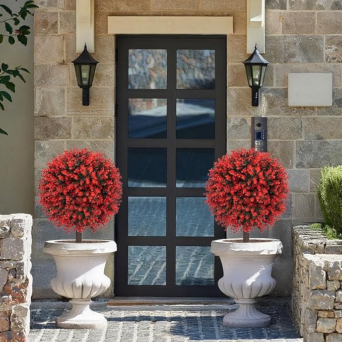 AOKIIE Set of 2 Artificial Red Boxwood Topiary Ball Tree for Outdoor with Ground Spike, 22" UV Resistant Faux Greenery Shrubs, Fake Plants for Garden Yard Porch Patio(Red)