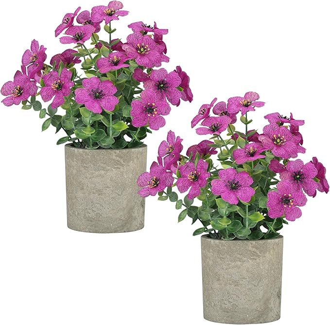 2 Pack Small Fake Plants Potted Artificial Plants Artificial Flowers Potted Faux Flower Daisy with Eucalyptus Leaves for Home Decor Office Room Farmhouse Indoor Table Bathroom Decor（Purple）