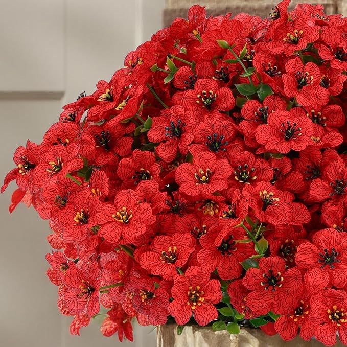 CEWOR 12 Bundles Artificial Flowers for Outdoor Indoor, Fake Silk Daisy with Eucalyptus Leaves, Faux Flower for Valentine's Day Decor Garden Front Door Porch Planter Patio Home Decor (Red)