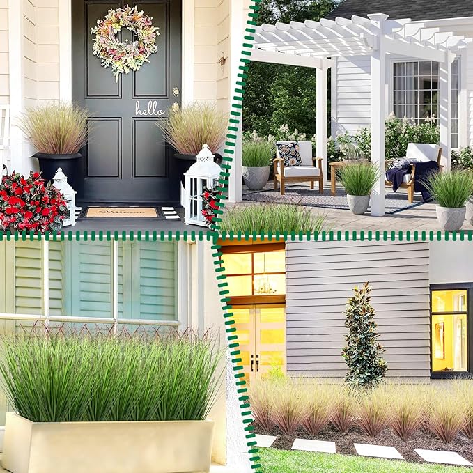 48Pcs Artificial Grass Plants Outdoor Faux Shrubs Wheat Grass Green Onion Grass Artificial Greenery Tall Stems for Indoor Outdoor Office Home Decor（Green Red Tail）