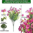 20 Bundles Artificial Flowers for Outdoors, UV Resistant Fake Plants Flowers Greenery Shrubs Plants for Decoration Outside Plants Hanging Planter Home Garden Decor (Rose Red)