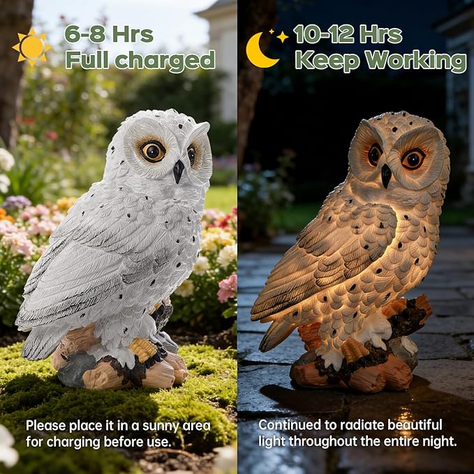 Solar Owl Garden Outdoor Statue,Owl Figurine Sculpture with LED Lights for Porch Patio Lawn Yard Deck Spring Decor - Mother's Day Housewarming Gift for Women Men Owl Lover(White)