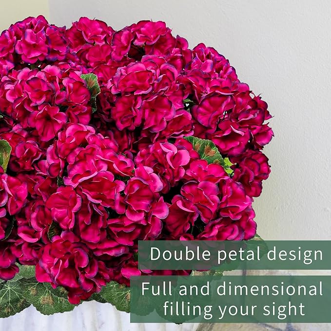 6 Bundles Artificial Geranium Flowers for Outdoors, Realistic Silk Geraniums Fake Flowers UV Resistant Faux Plants for Porch Front Door Planter Patio Balcony Outside Decor (Fuchsia)